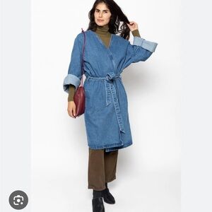Los Angeles Apparel The Oversized Denim Wrap Coat, Dark Medium Wash, XS/S